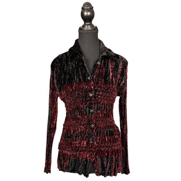 Vintage 90s Crushed Velvet Ruched Top Y2K Whimsigoth Black Red Blouse Stretchy - Picture 1 of 9